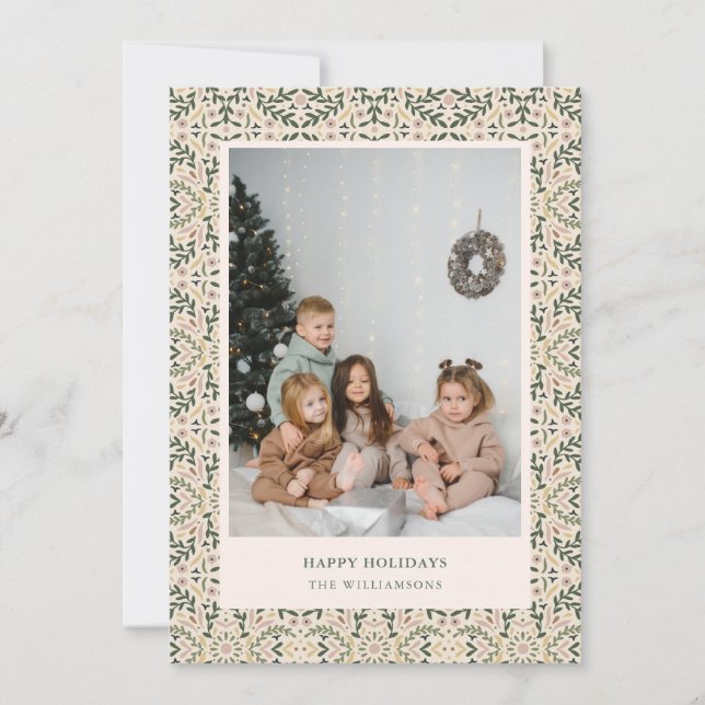 Vintage Blush Green Floral Tile Photo Christmas Holiday Card (Front)