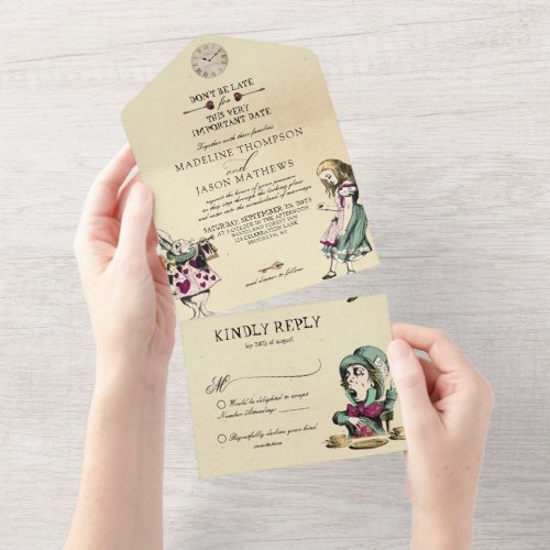 Vintage Blush Mint Alice in Wonderland Wedding All In One Invitation