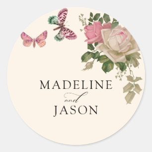 Vintage Blush Mint Floral Butterfly Wedding Classic Round Sticker