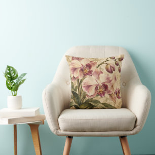 Vintage Blush Orchid Botanical Floral Throw Pillow