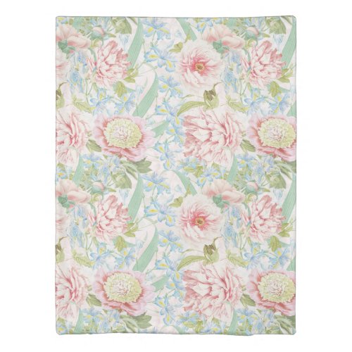 Vintage Blush Peony Flowers Blue Iris Pattern Duvet Cover