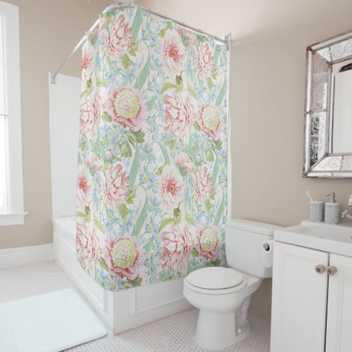 Vintage Blush Peony Flowers Blue Iris Pattern Shower Curtain