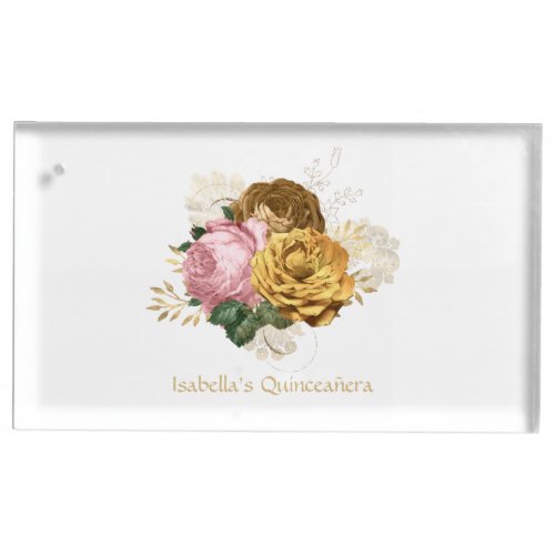 Vintage Blush Pink and Gold Floral Quinceaera Place Card Holder