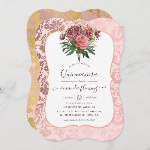 Vintage Blush Pink and Gold Masquerade Quinceaera Invitation