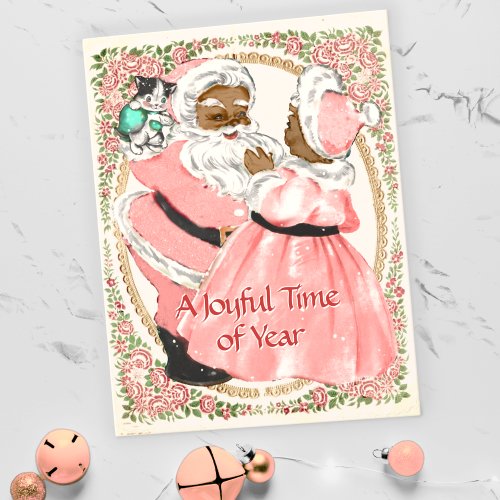 Vintage Blush Pink Black Santa and Mrs Claus Holiday Postcard