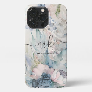 Vintage Blush Pink Botanical Floral Monogram Name iPhone 13 Pro Case
