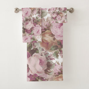 Vintage blush pink burgundy roses floral painting. bath towel set
