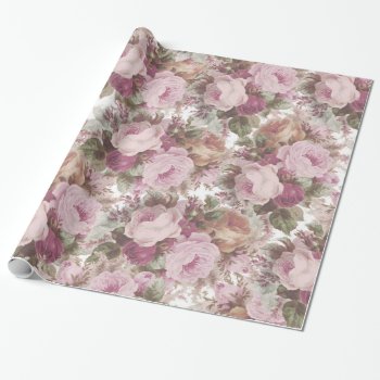 Vintage Blush Pink Burgundy Roses Floral Painting. Wrapping Paper by kicksdesign at Zazzle