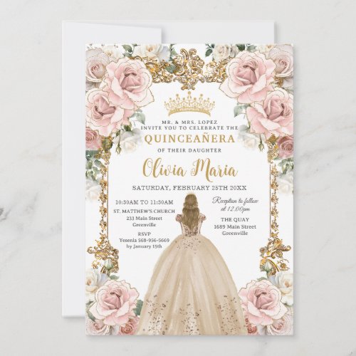 Vintage Blush Pink Champagne Floral Quinceañera