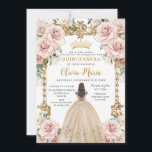 Vintage Blush Pink Champagne Floral Quinceañera Invitation<br><div class="desc">Personalize this pretty blush pink champagne floral Quinceañera / Sweet 16 birthday invitation easily and quickly. Simply click the customize it further button to edit the text, change fonts and fonts colors. Featuring a girl dressed in a beautiful champagne dress, chic blush pink flowers and an ornate vintage gold frame....</div>
