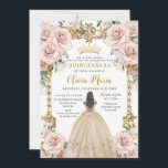 Vintage Blush Pink Champagne Floral Quinceañera Invitation<br><div class="desc">Personalize this pretty blush pink champagne floral Quinceañera / Sweet 16 birthday invitation easily and quickly. Simply click the customize it further button to edit the text, change fonts and fonts colors. Featuring a girl dressed in a beautiful champagne dress, chic blush pink flowers and an ornate vintage gold frame....</div>