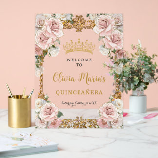 Vintage Blush Pink Champagne Floral Quinceañera XV Acrylic Sign