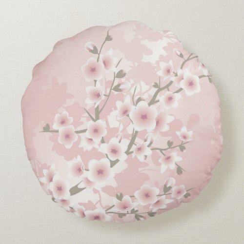 Vintage Blush PInk Cherry Blossom Round Pillow