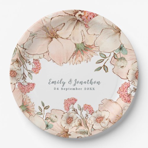 Vintage Blush Pink Cream Floral Name Date Wedding Paper Plates