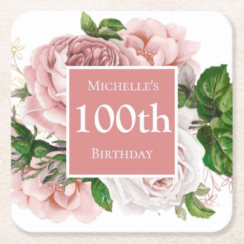 Vintage Blush Pink Floral 100th Birthday Party Square Paper Coaster