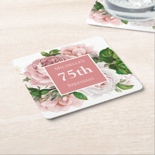 Vintage Blush Pink Floral 75th Birthday Party Square Paper Coaster