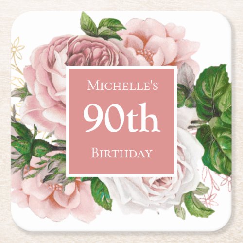 Vintage Blush Pink Floral 90th Birthday Party Square Paper Coaster