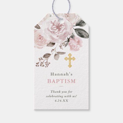Vintage Blush Pink Floral and Gold Cross  Baptism Gift Tags