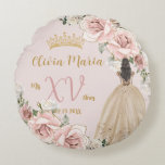 Vintage Blush Pink Floral Champagne Quinceañera Round Pillow<br><div class="desc">Personalize this elegant blush pink floral Quinceañera / Sweet 16 birthday round pillow easily and quickly. Simply click the Edit Using Design Tools button to further edit the text, change font styles and font colors. Featuring a quince girl dressed in a beautiful champagne dress, lovely blush pink flowers and chic...</div>