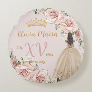 Vintage Blush Pink Floral Champagne Quinceañera Round Pillow