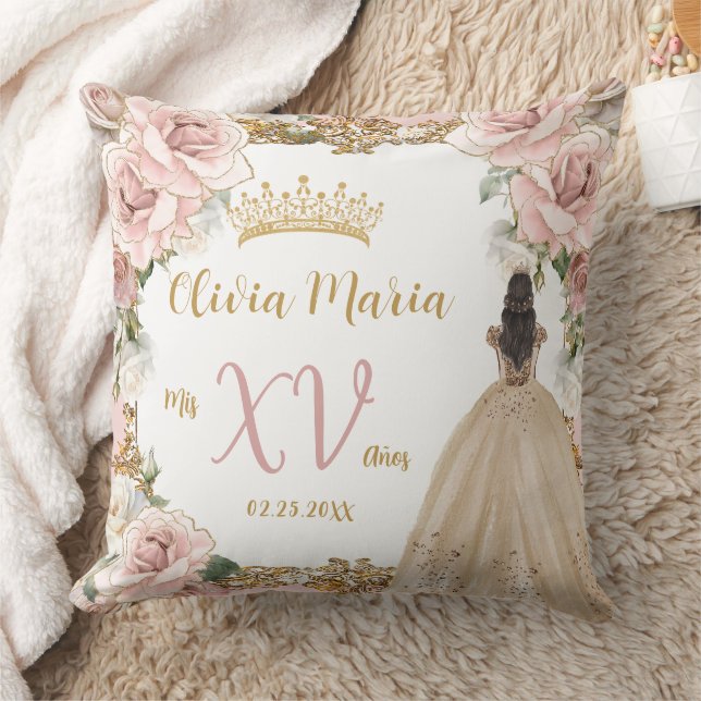 Vintage Blush Pink Floral Champagne Quinceañera Throw Pillow (Blanket)