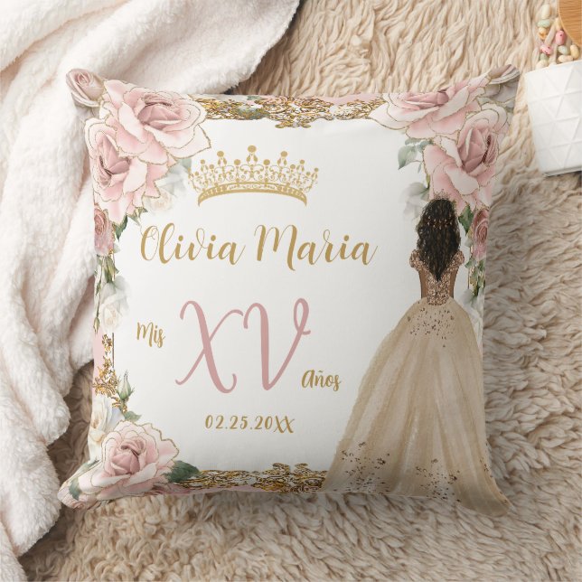 Vintage Blush Pink Floral Champagne Quinceañera Throw Pillow (Blanket)