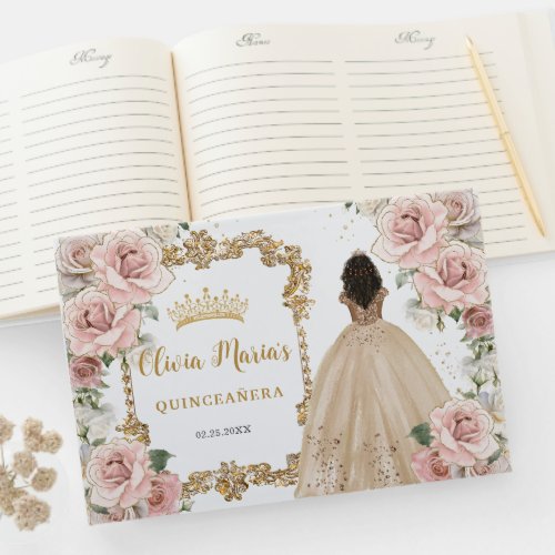 Vintage Blush Pink Floral Champagne Quincea&#241;era XV Guest Book