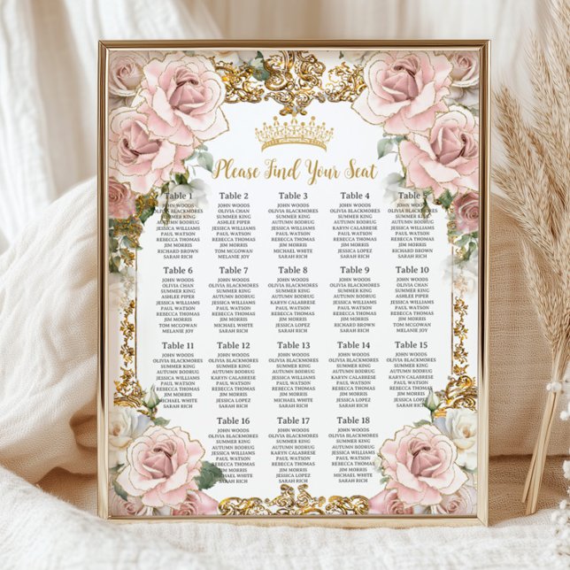 Vintage Blush Pink Floral Quinceañera 16 Seating Poster (Creator Uploaded)