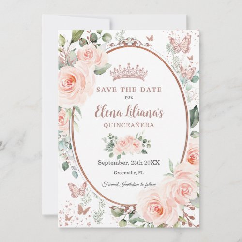 Vintage Blush Pink Floral Rose Gold Quinceaera  Save The Date