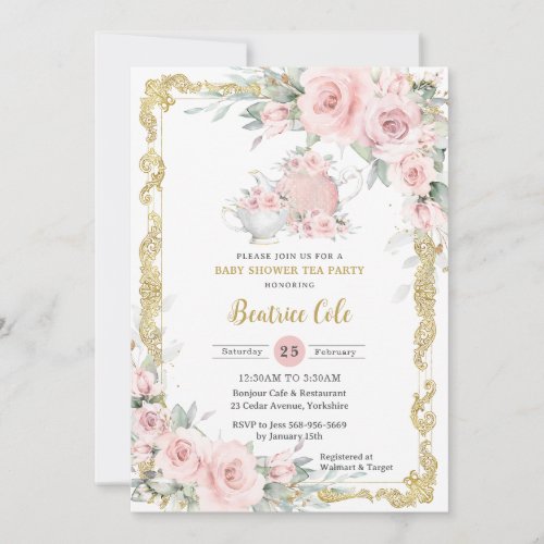 Vintage Blush Pink Floral Tea Party Baby Shower  Invitation