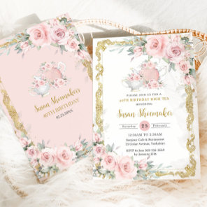 Vintage Blush Pink Floral Tea Party Birthday Party Invitation