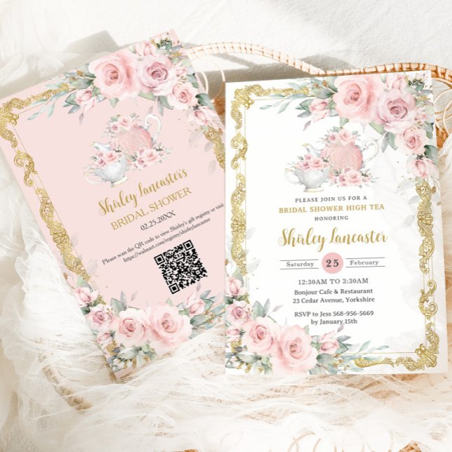 Vintage Blush Pink Floral Tea Party Bridal Shower Invitation (blush pink floral vintage gold bridal shower high tea party invitation cards with QR code registry)