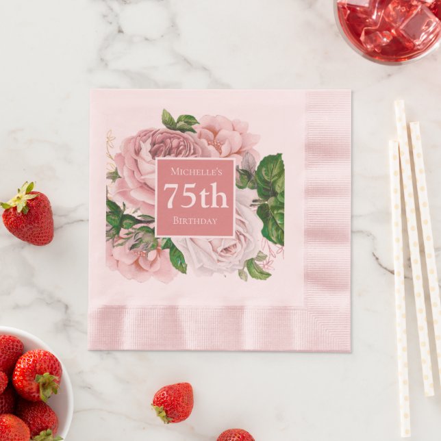 Vintage Blush Pink Flowers Greenery 75th Birthday Napkins (Insitu)