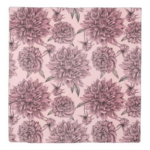 Vintage Blush Pink Flowers Illustrated Pattern Duvet Cover