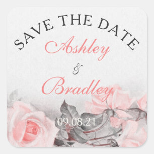 Vintage Blush Pink Gray Rose Wedding Save the Date Square Sticker