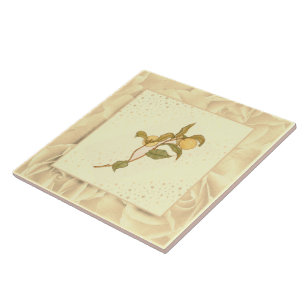 Vintage Blush Pink Green and Yellow Fruit Ceramic Tile