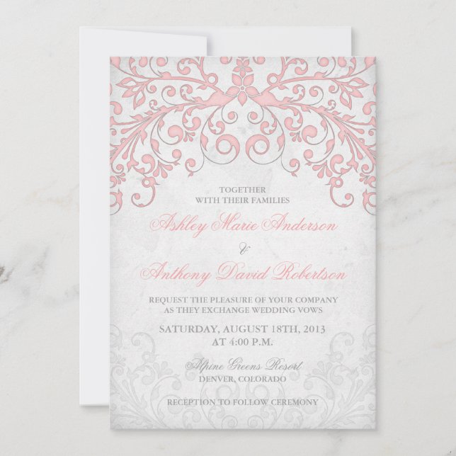 Vintage Blush Pink Grey Floral Wedding Invitation (Front)