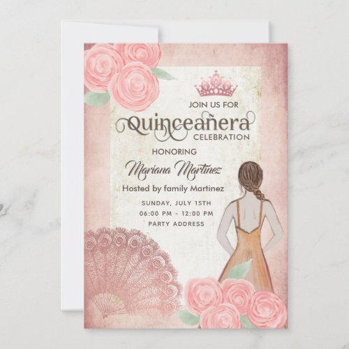 Vintage blush pink hand fan roses tiara Quince Inv Invitation