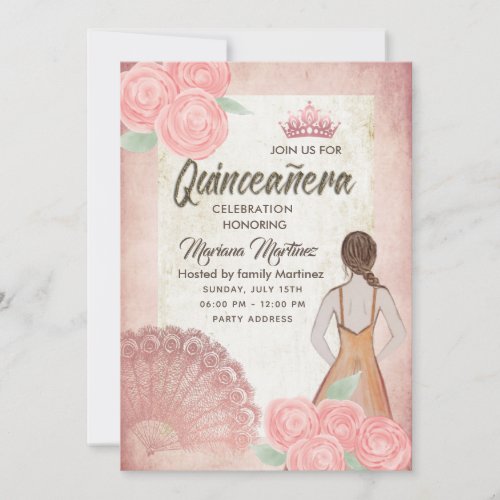 Vintage blush pink hand fan roses tiara Quince Invitation