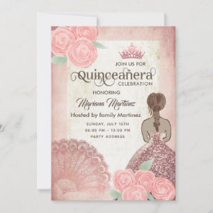 Vintage blush pink hand fan roses tiara Quince Invitation
