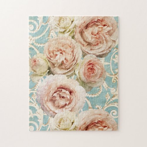 Vintage Blush Pink Heirloom Roses Floral Damask Jigsaw Puzzle