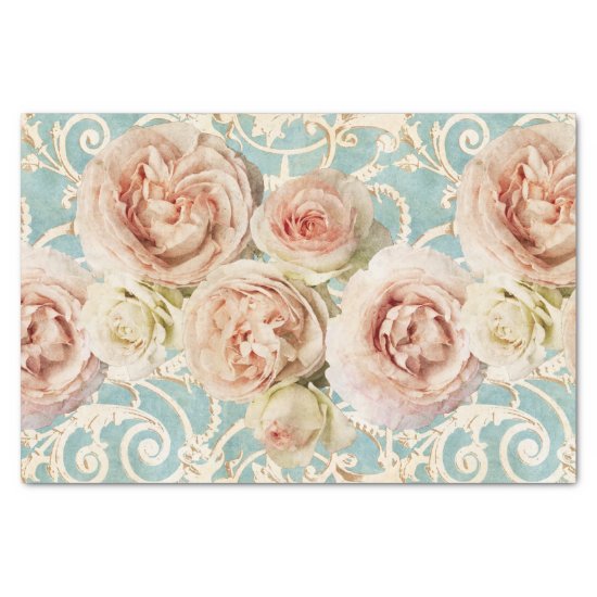 Vintage Blush Pink Heirloom Roses Floral Damask Tissue Paper