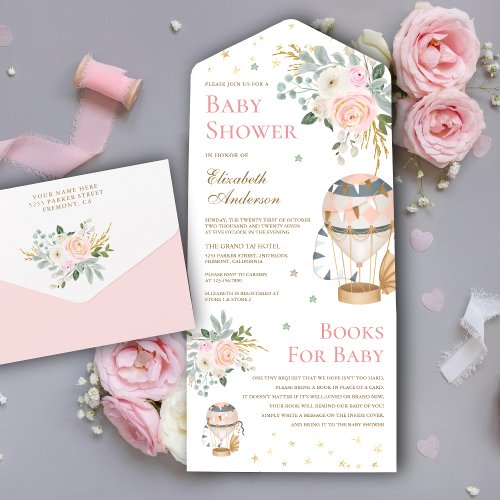 Vintage Blush Pink Hot Air Balloon Baby Shower All In One Invitation