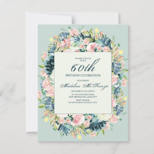 Vintage Blush Pink Ivory Floral Mint 60th Birthday Invitation