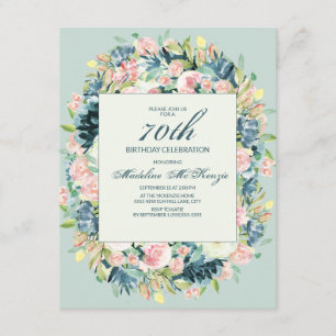 Vintage Blush Pink Ivory Floral Mint 70th Birthday Invitation