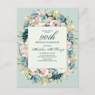 Vintage Blush Pink Ivory Floral Mint 90th Birthday Invitation