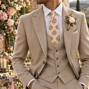 Vintage Blush Pink Peony Bouquet on Cream Floral Neck Tie