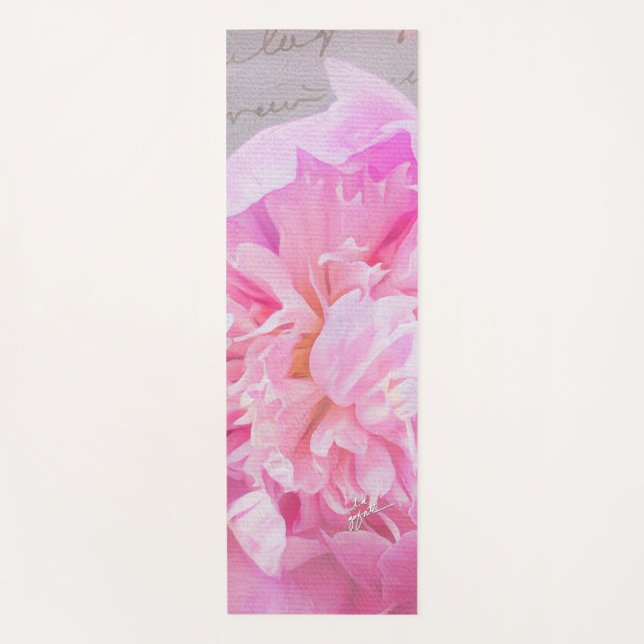 Vintage Blush Pink Peony French Script Yoga Mat (Front)