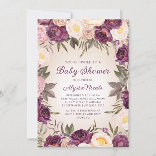 Vintage Blush Pink Purple Floral Baby Shower  Invitation