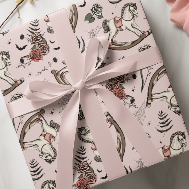 Vintage Blush Pink Rocking Horse Gothic Baby Wrapping Paper (Chic Blush Pink Gothic Baby Shower Vintage Rocking Horse Wrapping Paper for Halloween Baby Shower.)
